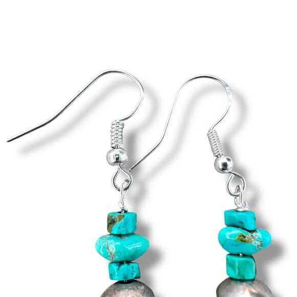 Turquoise Sterling Silver Bench Bead Nugget Stack Southwest 925 Dangle Earrings - Picture 4 of 4